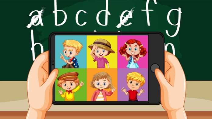 cartoon mobile, kids, and blackboard