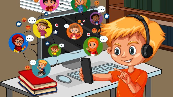 cartoon boy seeing mobile and social media