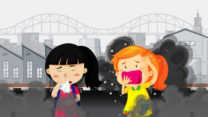 cartoon of two girls affected by pollution smoke