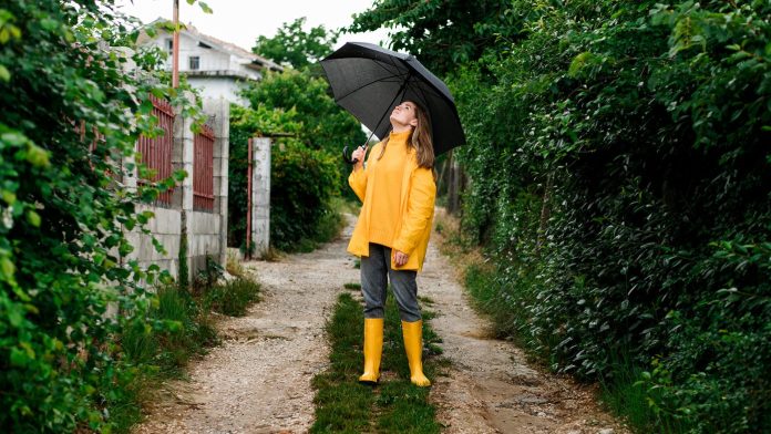 young woman in rain clothes holding umbrella